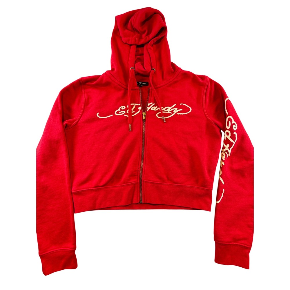 Ed Hardy Red Cropped Zip Up Hoodie Skull Cobra Tattoo Graphic XL